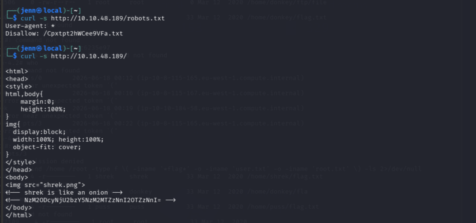 Homepage source showing HTML comments with Base64 string and shrek is like an onion hint
